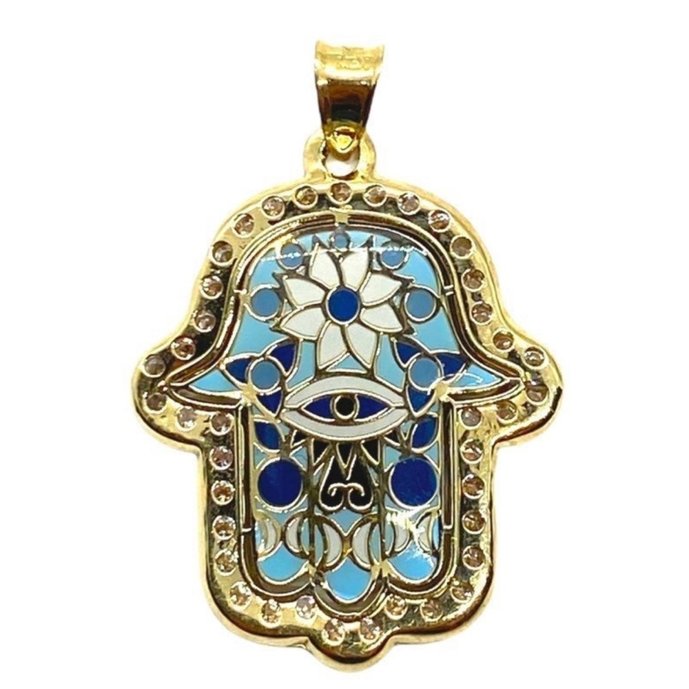 10K Gold Enamel Blue Hamsa Pendant